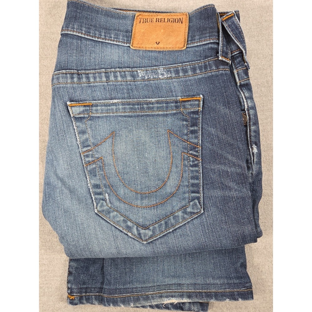 True Religion Mens 32 Short Jeans Rocco Relaxed Skinny Button Fly Distressed